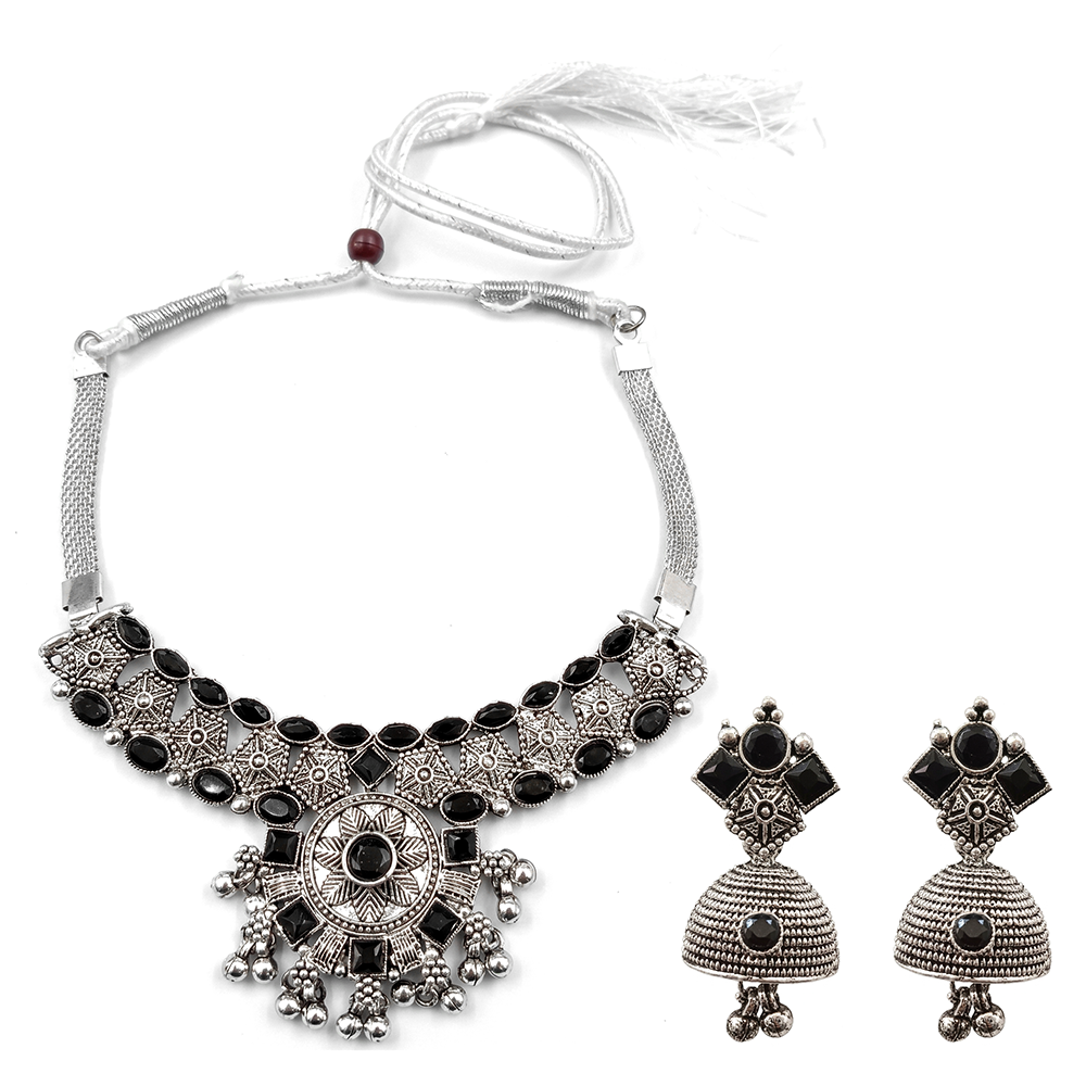The99Jewel Oxidised Silver Choker Necklace Set with Black Beads & Jhumka Earrings
