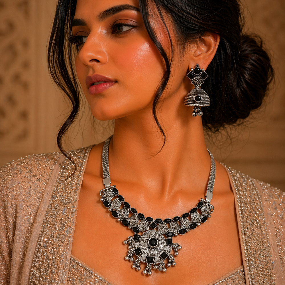 The99Jewel Oxidised Silver Choker Necklace Set with Black Beads & Jhumka Earrings
