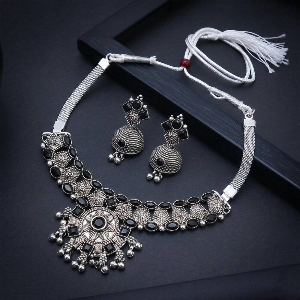 The99Jewel Oxidised Silver Choker Necklace Set with Black Beads & Jhumka Earrings