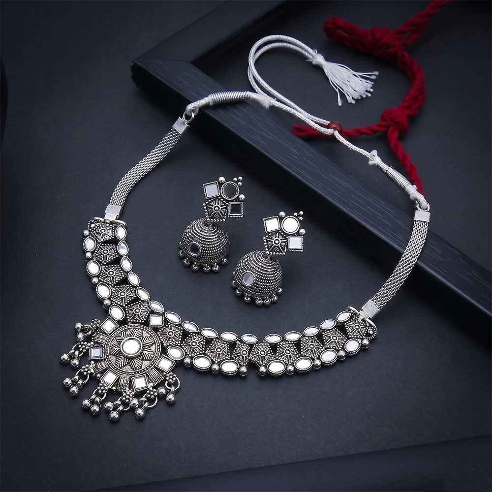 The99Jewel Oxidised Silver Choker Necklace Set with White Beads & Jhumka Earrings