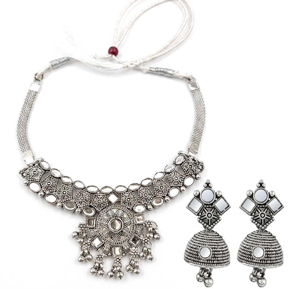 The99Jewel Oxidised Silver Choker Necklace Set with White Beads & Jhumka Earrings