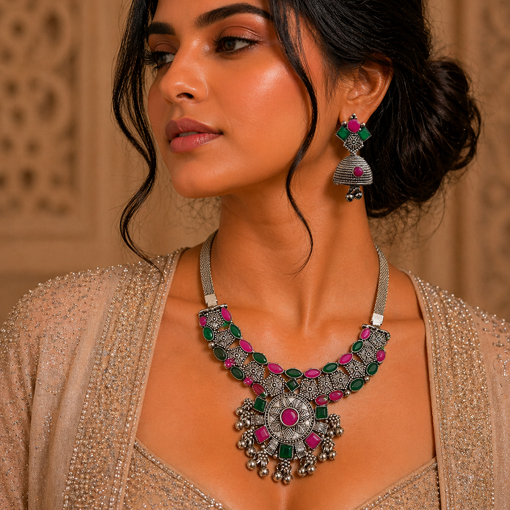 The99Jewel Oxidised Silver Choker Necklace Set with Pink & Green Beads & Jhumka Earrings
