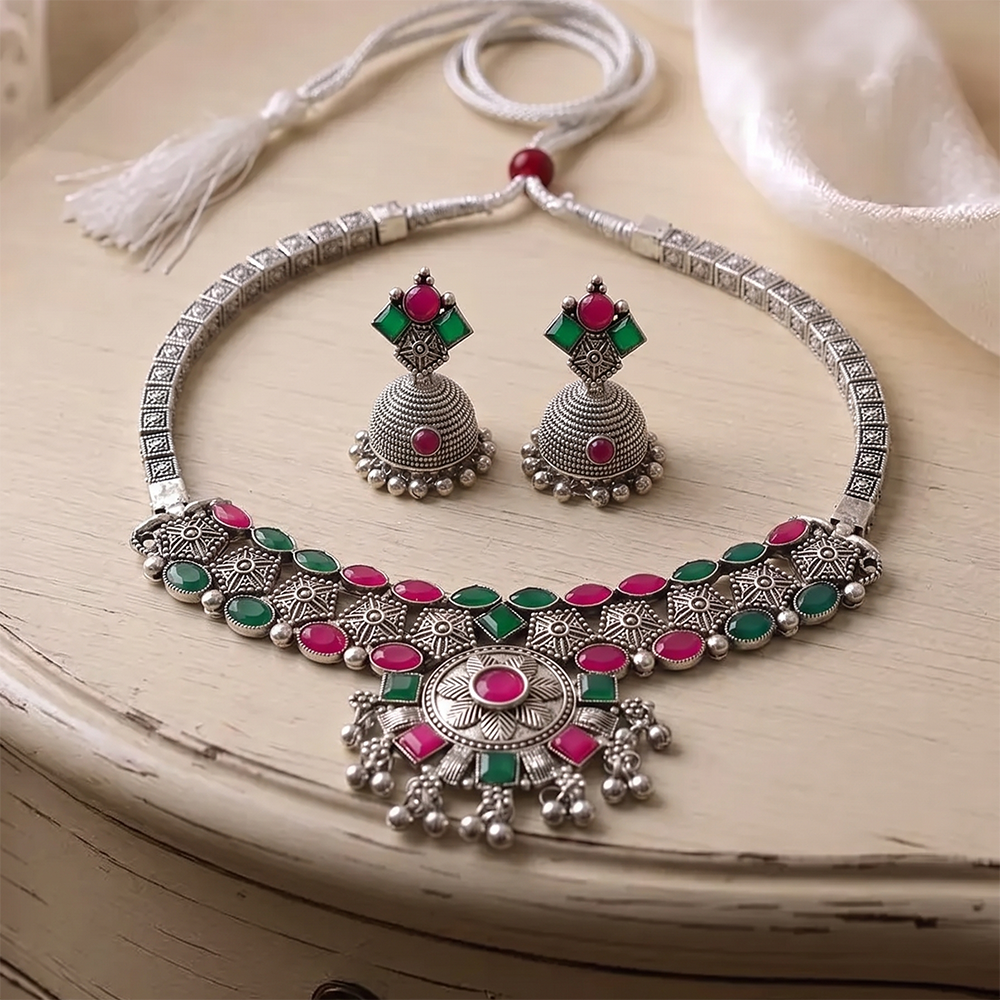 The99Jewel Oxidised Silver Choker Necklace Set with Pink & Green Beads & Jhumka Earrings