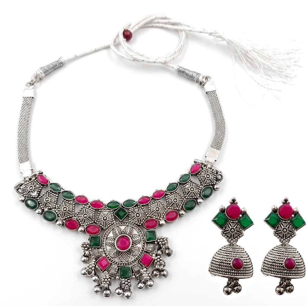The99Jewel Oxidised Silver Choker Necklace Set with Pink & Green Beads & Jhumka Earrings