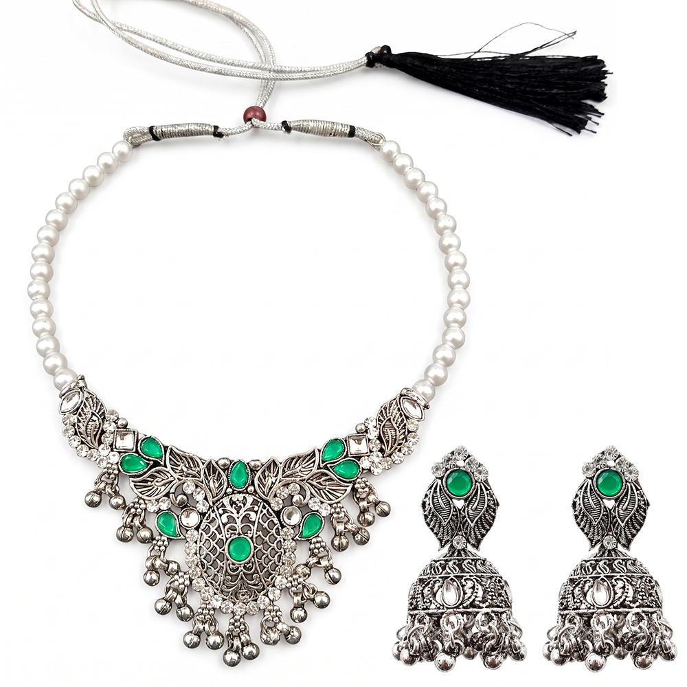 The99Jewel Oxidised Silver Choker Necklace Set with Green Beads & Jhumka Earrings