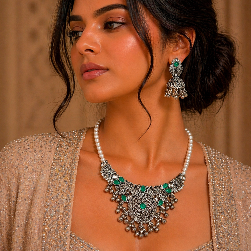 The99Jewel Oxidised Silver Choker Necklace Set with Green Beads & Jhumka Earrings