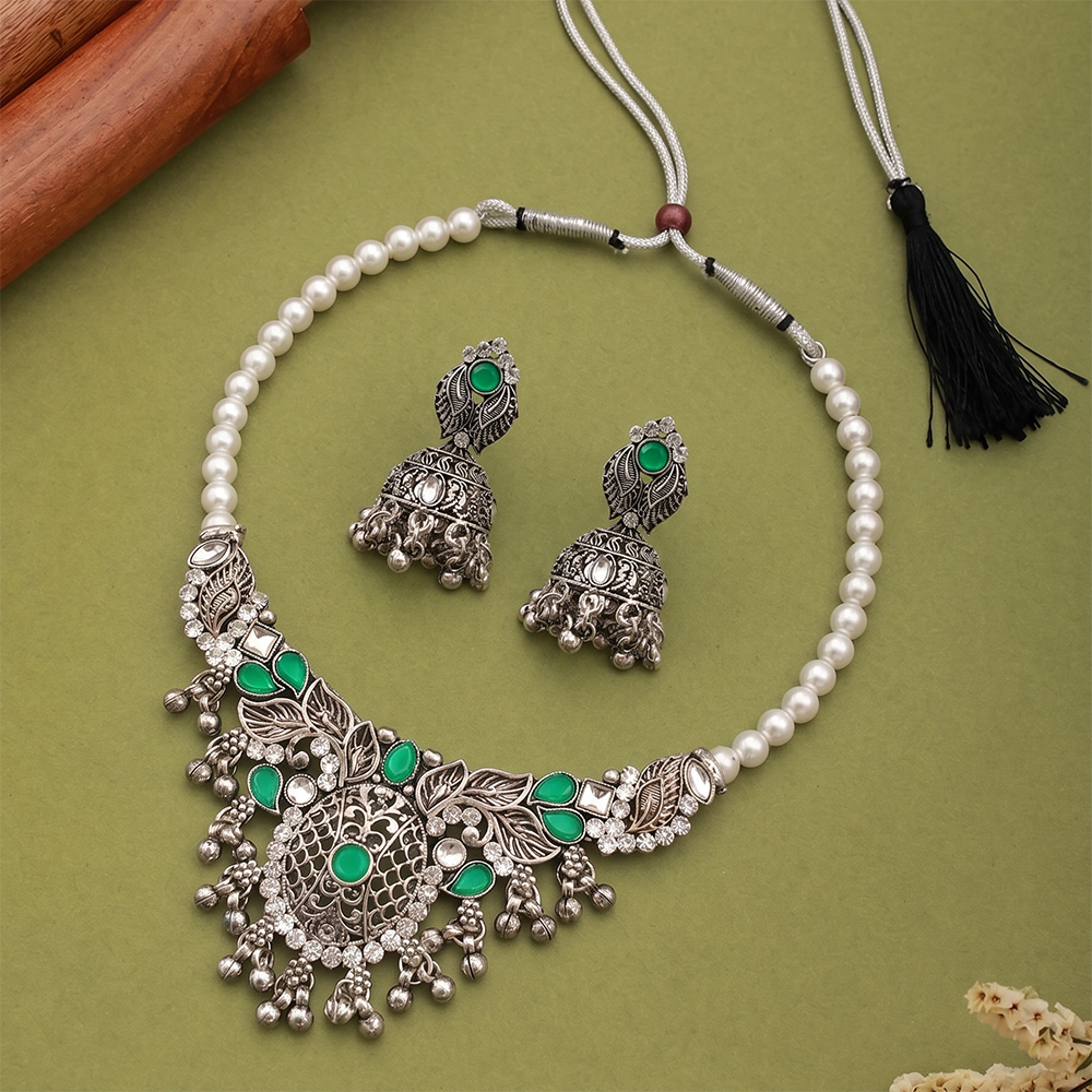 The99Jewel Oxidised Silver Choker Necklace Set with Green Beads & Jhumka Earrings