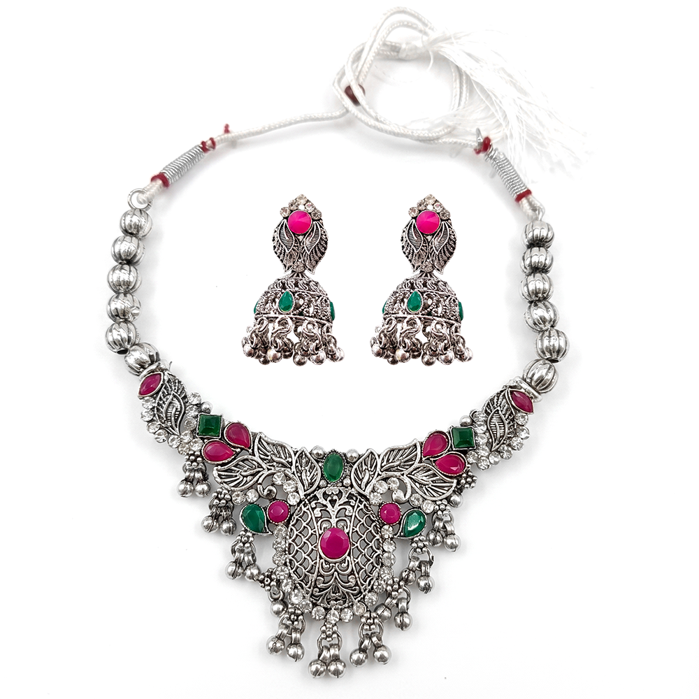 The99Jewel Oxidised Silver Choker Necklace Set with Pink & Green Beads & Jhumka Earrings