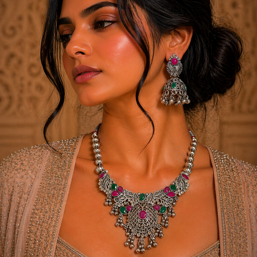 The99Jewel Oxidised Silver Choker Necklace Set with Pink & Green Beads & Jhumka Earrings