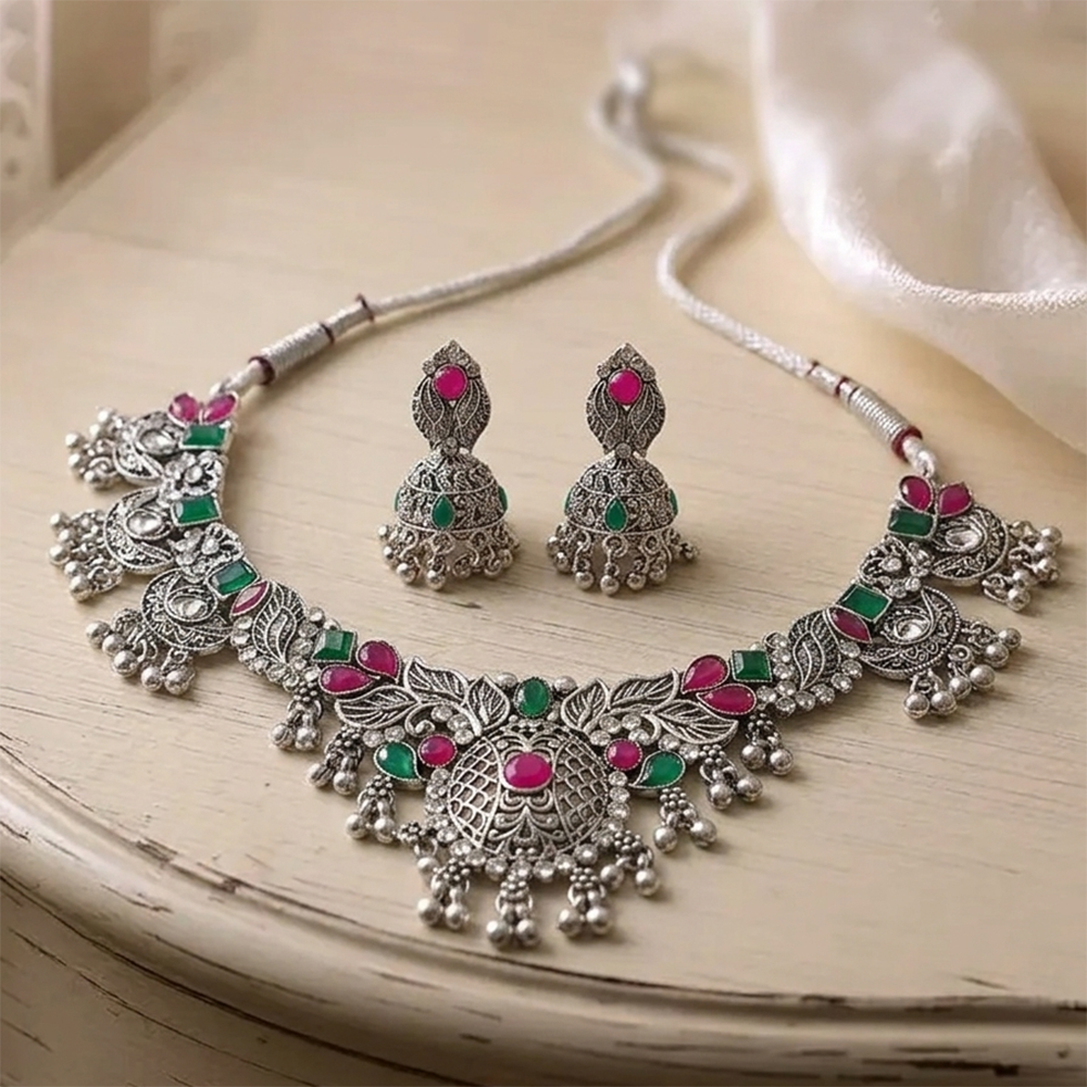 The99Jewel Oxidised Silver Choker Necklace Set with Pink & Green Beads & Jhumka Earrings
