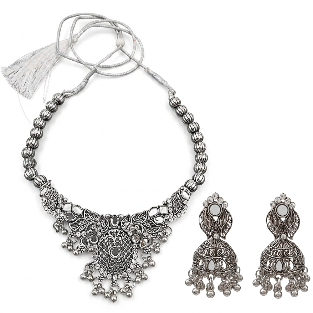 The99Jewel Oxidised Silver Choker Necklace Set with Mirror Work Beads & Jhumka Earrings