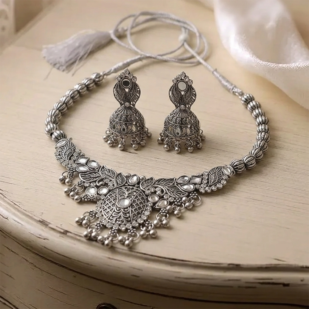 The99Jewel Oxidised Silver Choker Necklace Set with Mirror Work Beads & Jhumka Earrings
