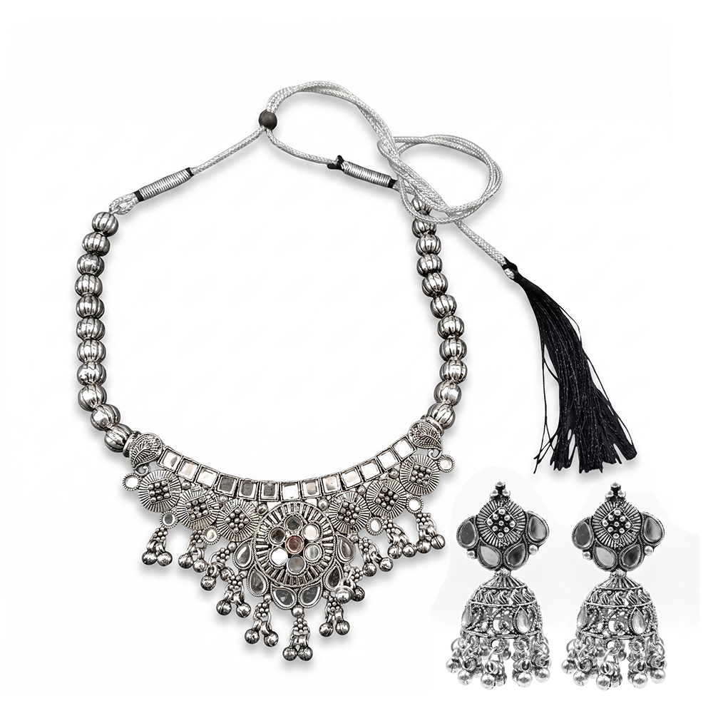 The99Jewel Oxidised Silver Choker Necklace Set with Mirror Work Beads & Jhumka Earrings
