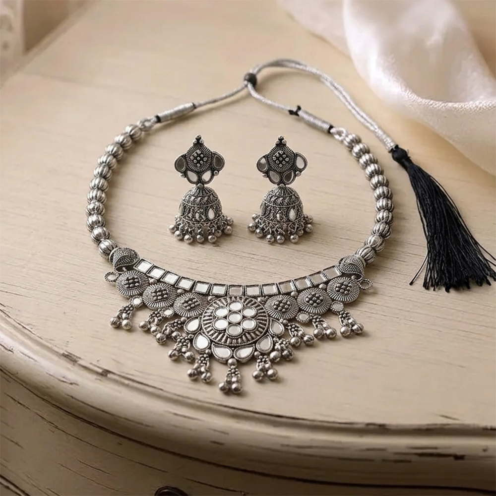 The99Jewel Oxidised Silver Choker Necklace Set with Mirror Work Beads & Jhumka Earrings