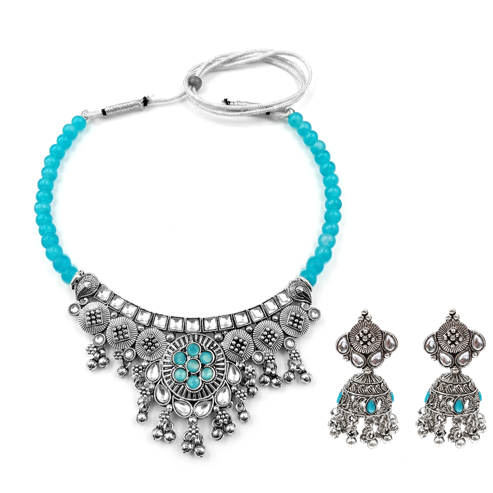 The99Jewel Oxidised Silver Choker Necklace Set with Light Blue Beads & Jhumka Earrings