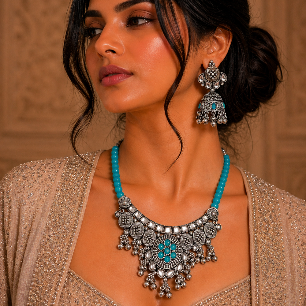 The99Jewel Oxidised Silver Choker Necklace Set with Light Blue Beads & Jhumka Earrings