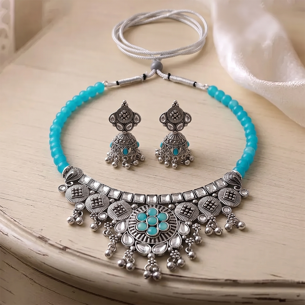 The99Jewel Oxidised Silver Choker Necklace Set with Light Blue Beads & Jhumka Earrings