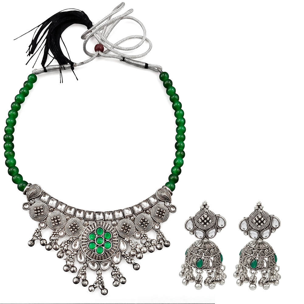 The99Jewel Oxidised Silver Choker Necklace Set with Green Beads & Jhumka Earrings
