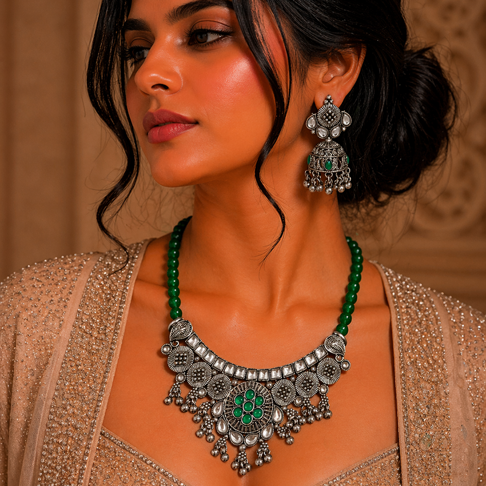 The99Jewel Oxidised Silver Choker Necklace Set with Green Beads & Jhumka Earrings
