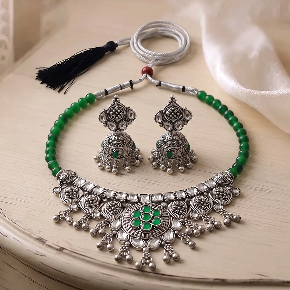 The99Jewel Oxidised Silver Choker Necklace Set with Green Beads & Jhumka Earrings