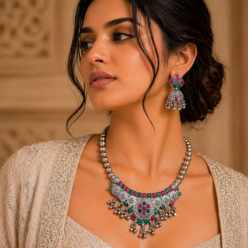 The99Jewel Oxidised Silver Choker Necklace Set with Pink & Green Beads & Assorted Jhumka Earrings