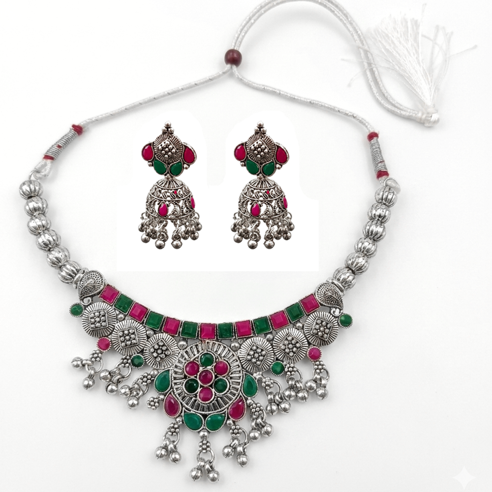 The99Jewel Oxidised Silver Choker Necklace Set with Pink & Green Beads & Assorted Jhumka Earrings