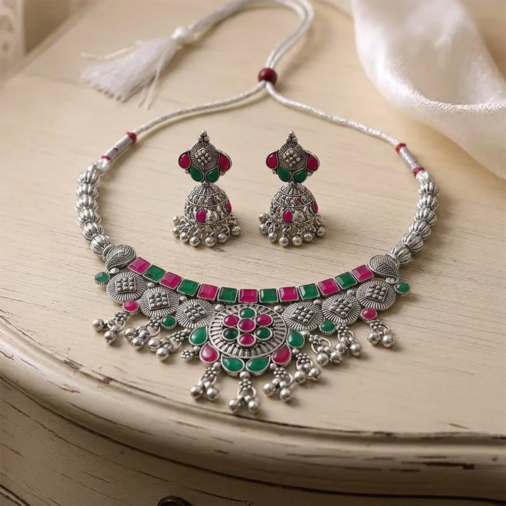 The99Jewel Oxidised Silver Choker Necklace Set with Pink & Green Beads & Assorted Jhumka Earrings