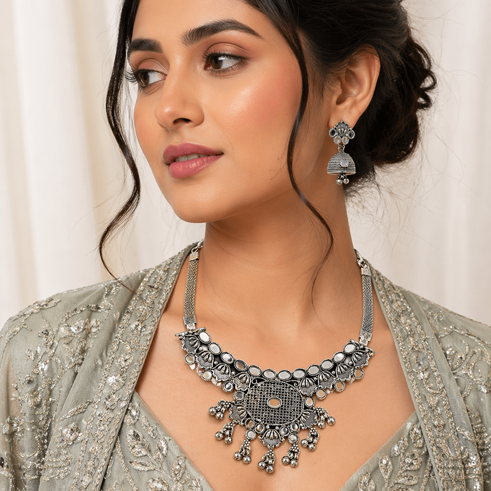 The99Jewel Oxidised Silver Choker Necklace Set with Mirror Work Beads & Jhumka Earrings