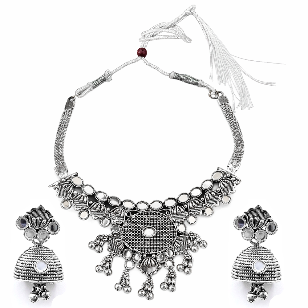 The99Jewel Oxidised Silver Choker Necklace Set with Mirror Work Beads & Jhumka Earrings