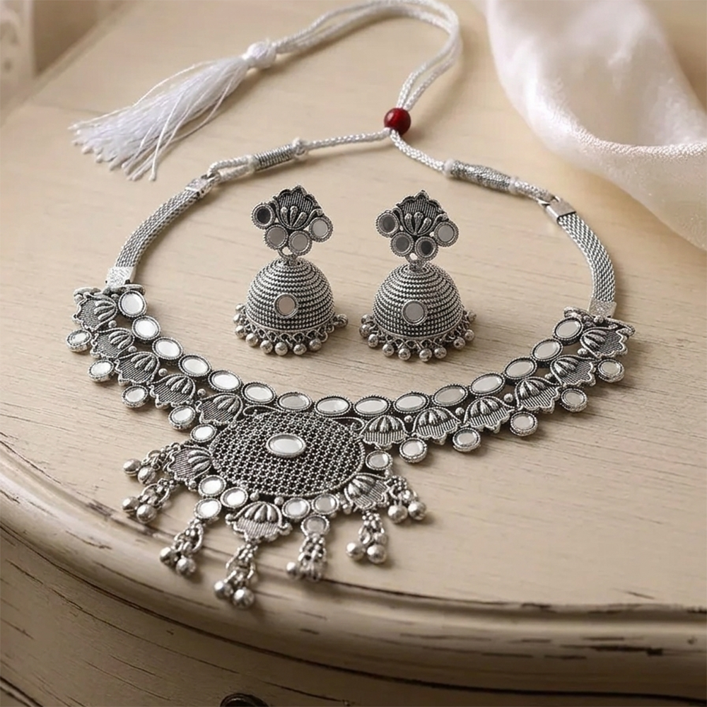 The99Jewel Oxidised Silver Choker Necklace Set with Mirror Work Beads & Jhumka Earrings