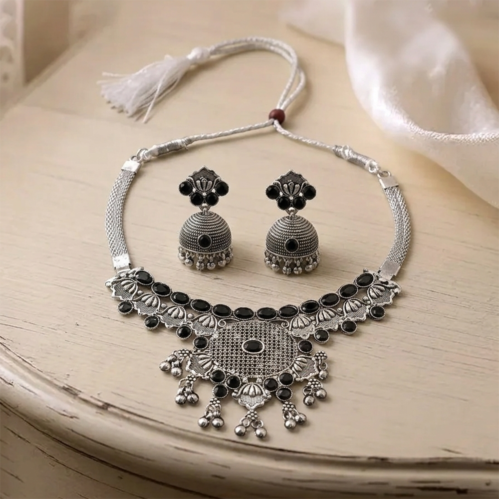 The99Jewel Oxidised Silver Choker Necklace Set with Black Beads & Jhumka Earrings
