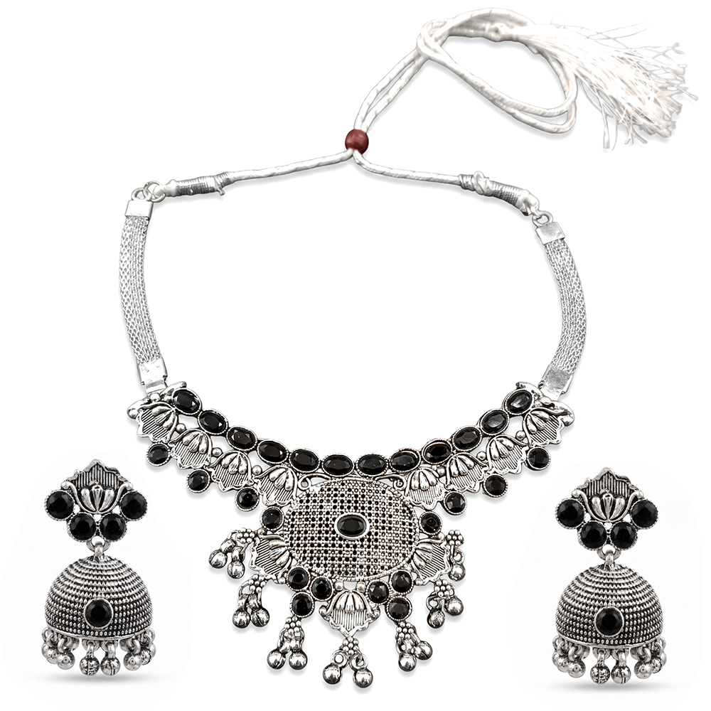 The99Jewel Oxidised Silver Choker Necklace Set with Black Beads & Jhumka Earrings