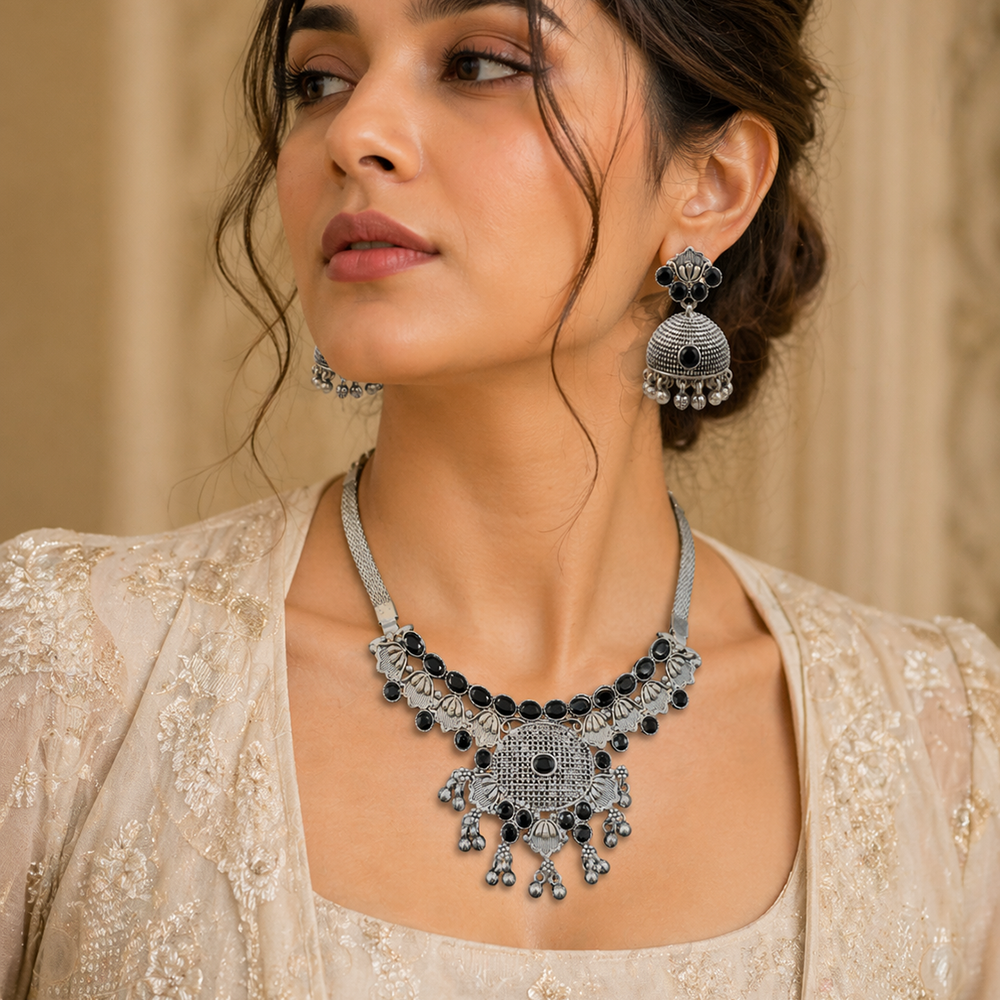 The99Jewel Oxidised Silver Choker Necklace Set with Black Beads & Jhumka Earrings
