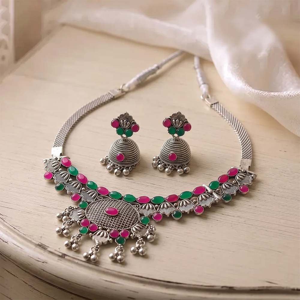 The99Jewel Oxidised Silver Choker Necklace Set with Pink & Green Beads & Jhumka Earrings