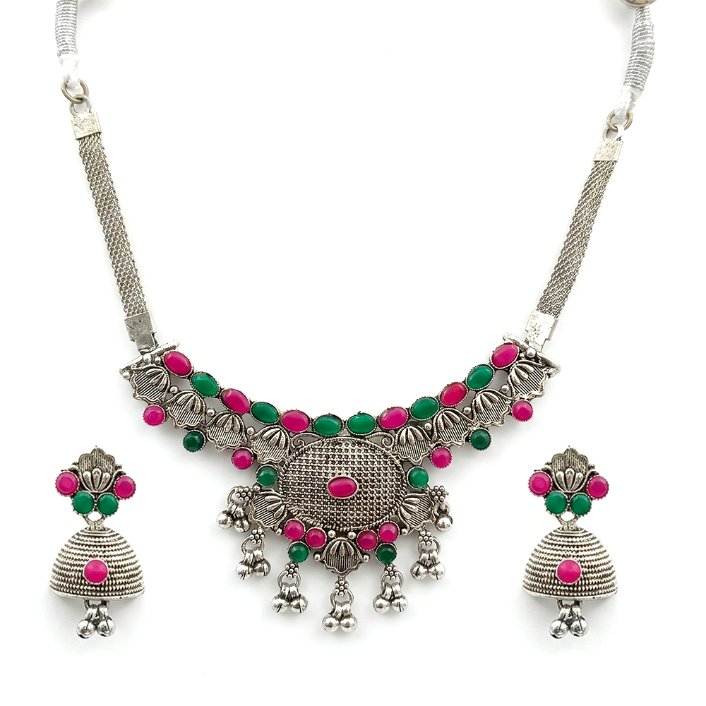 The99Jewel Oxidised Silver Choker Necklace Set with Pink & Green Beads & Jhumka Earrings