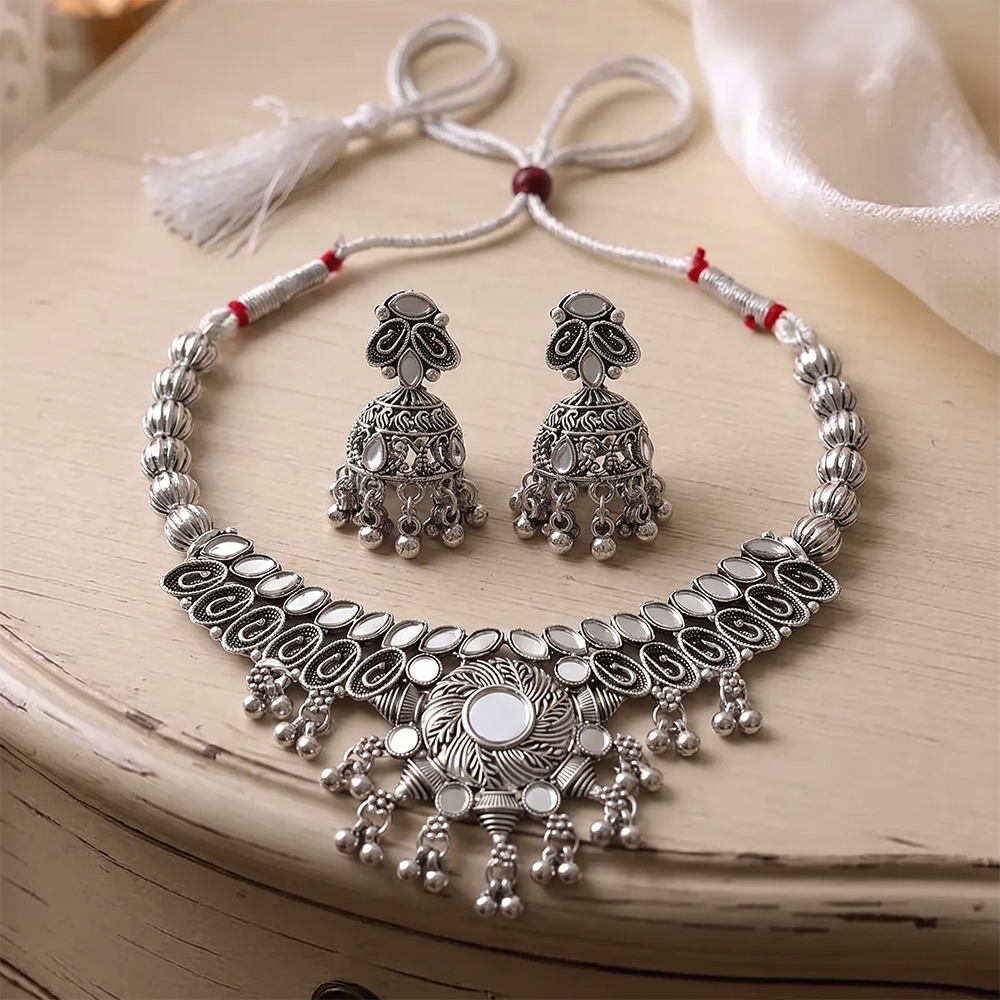 The99Jewel Oxidised Silver Choker Necklace Set with Mirror Work Beads & Jhumka Earrings