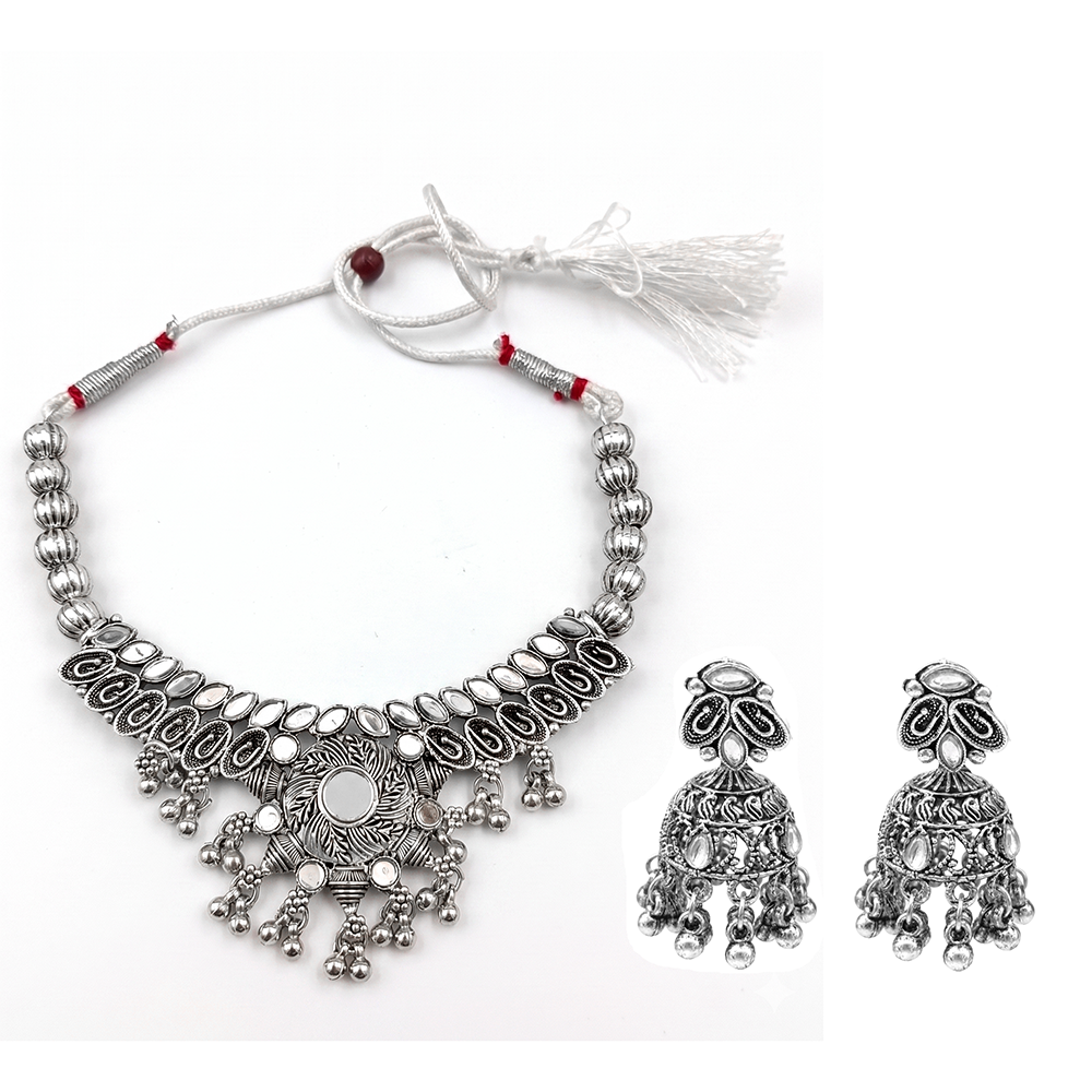 The99Jewel Oxidised Silver Choker Necklace Set with Mirror Work Beads & Jhumka Earrings