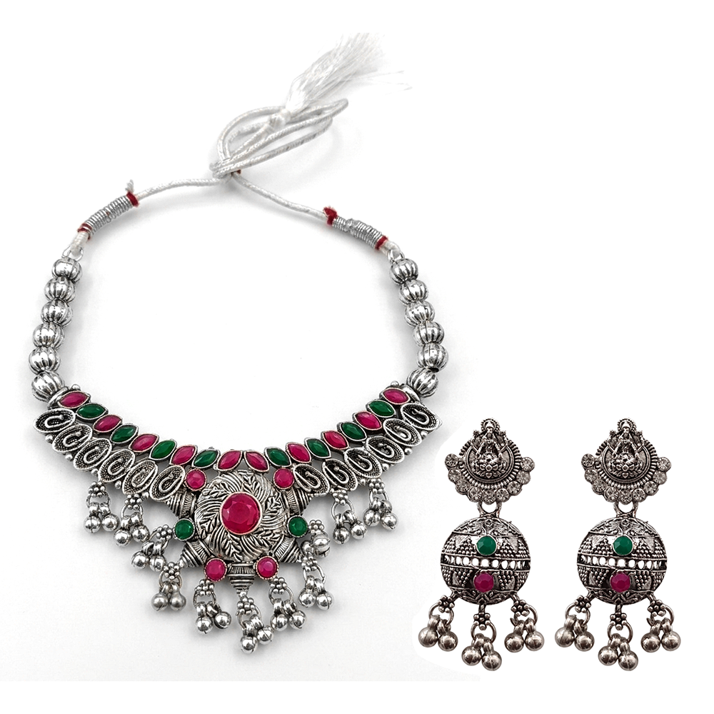 The99Jewel Oxidised Silver Choker Necklace Set with Pink & Green Beads & Assorted Jhumka Earrings