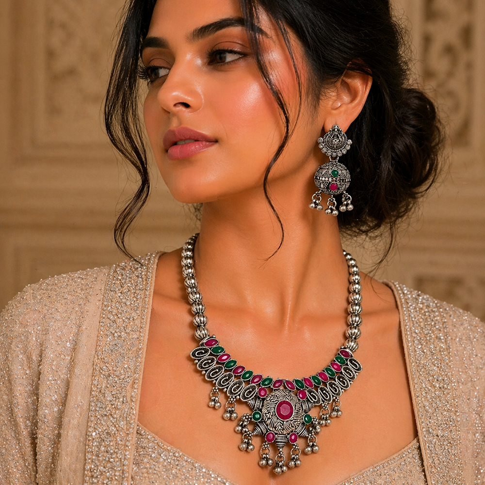 The99Jewel Oxidised Silver Choker Necklace Set with Pink & Green Beads & Assorted Jhumka Earrings