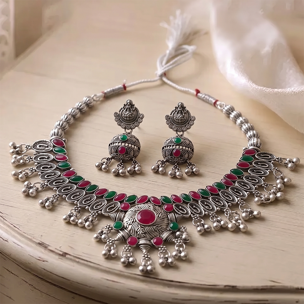 The99Jewel Oxidised Silver Choker Necklace Set with Pink & Green Beads & Assorted Jhumka Earrings