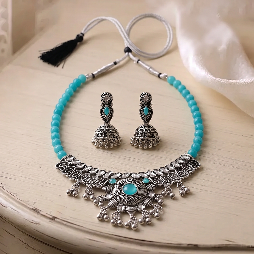The99Jewel Oxidised Silver Choker Necklace Set with Light Blue Beads & Assorted Jhumka Earrings