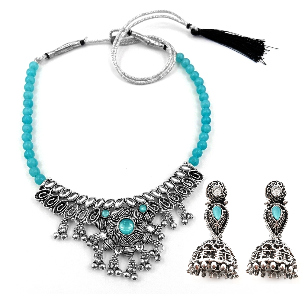 The99Jewel Oxidised Silver Choker Necklace Set with Light Blue Beads & Assorted Jhumka Earrings