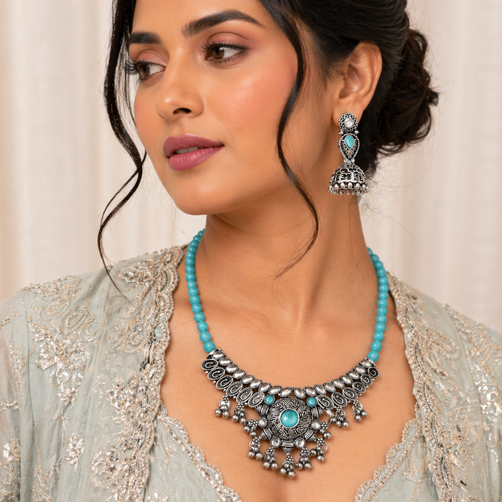 The99Jewel Oxidised Silver Choker Necklace Set with Light Blue Beads & Assorted Jhumka Earrings
