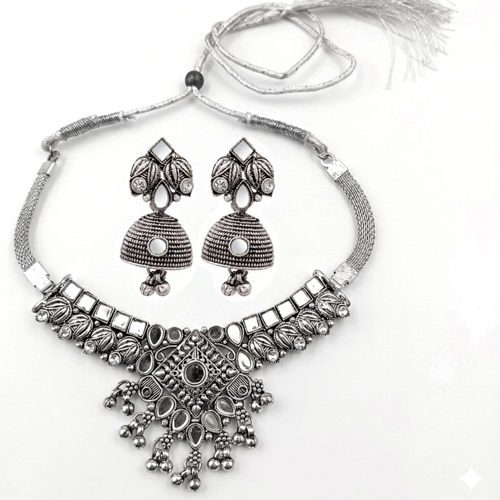 The99Jewel Oxidised Silver Choker Necklace Set with Mirror Work Beads & Jhumka Earrings