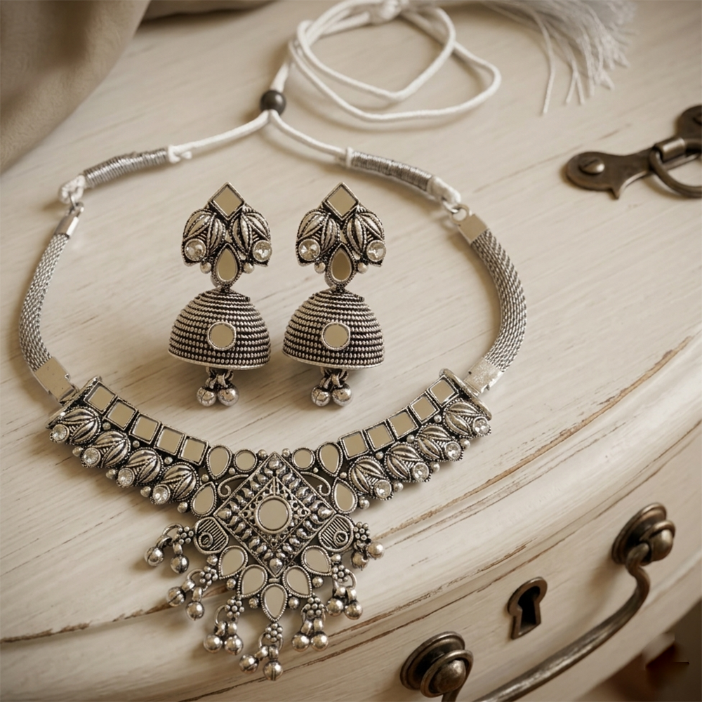 The99Jewel Oxidised Silver Choker Necklace Set with Mirror Work Beads & Jhumka Earrings