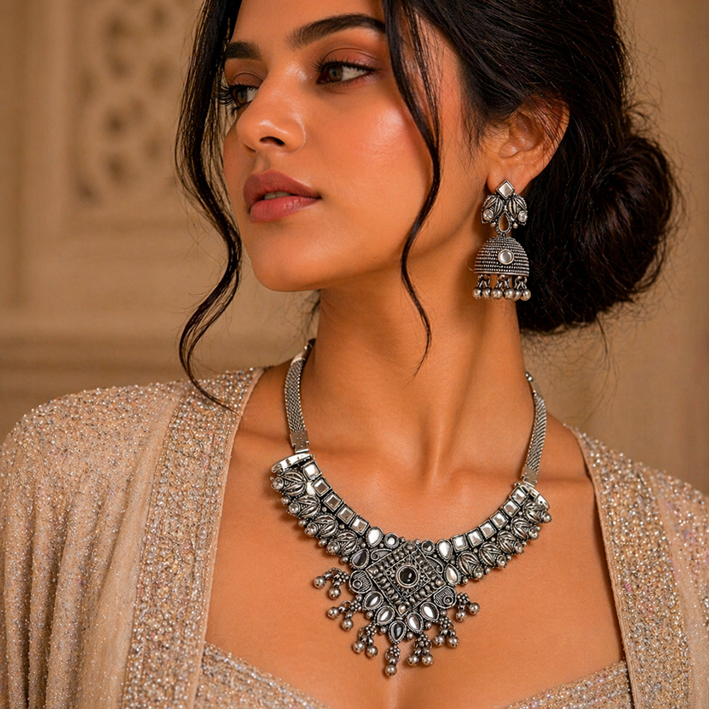 The99Jewel Oxidised Silver Choker Necklace Set with Mirror Work Beads & Jhumka Earrings