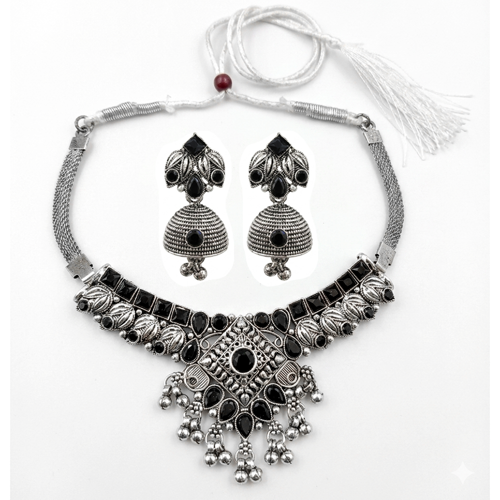 The99Jewel Oxidised Silver Choker Necklace Set with Black Beads & Jhumka Earrings