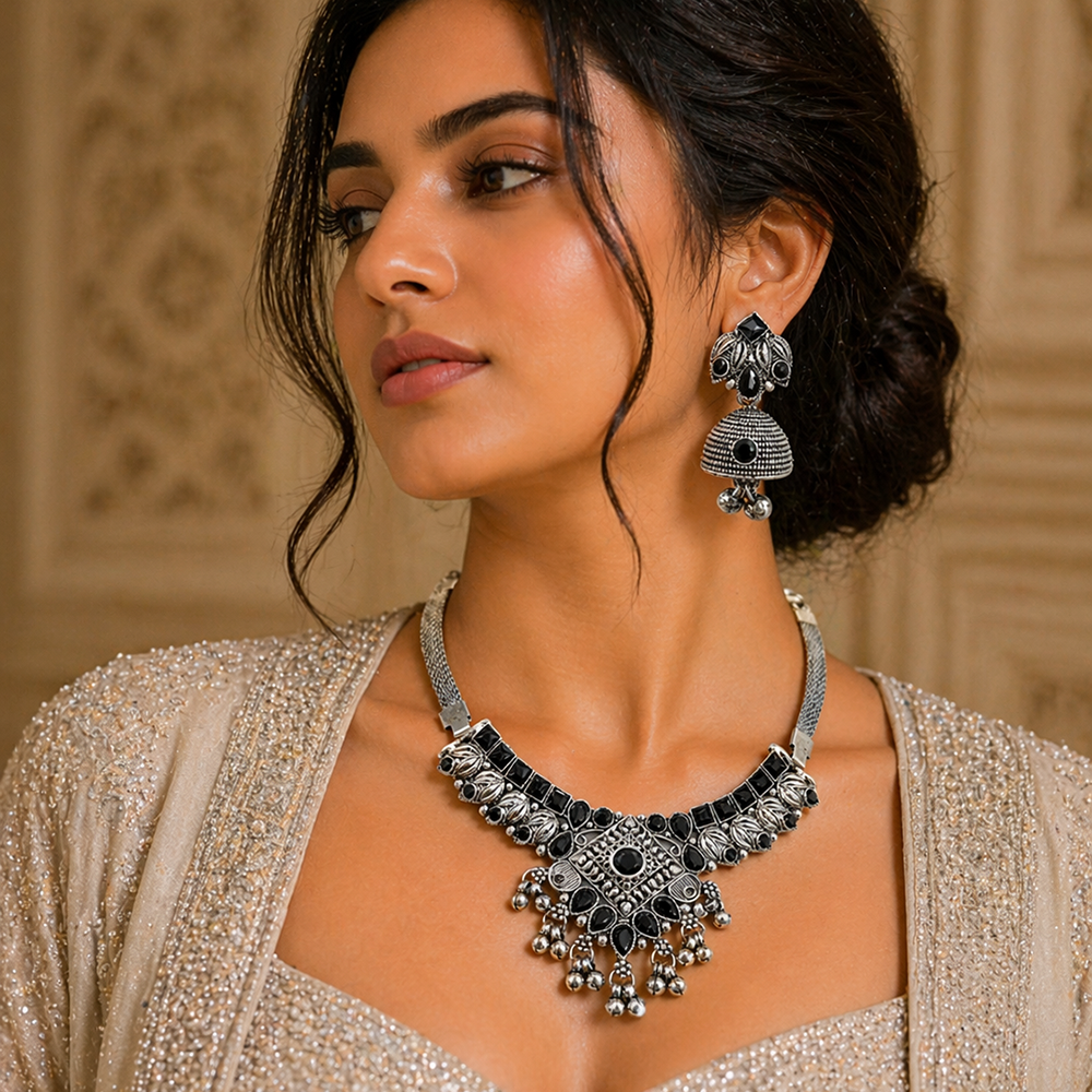 The99Jewel Oxidised Silver Choker Necklace Set with Black Beads & Jhumka Earrings