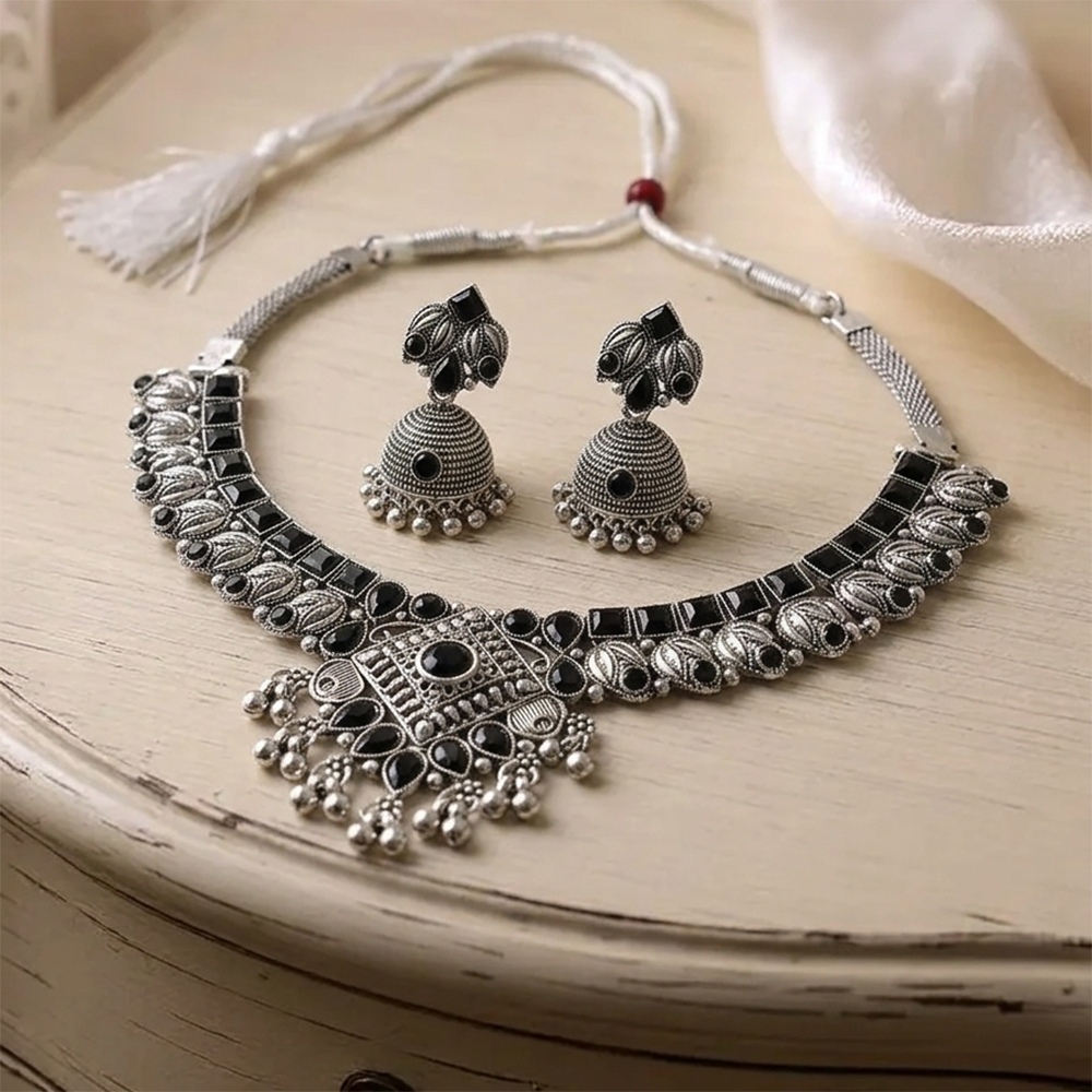 The99Jewel Oxidised Silver Choker Necklace Set with Black Beads & Jhumka Earrings
