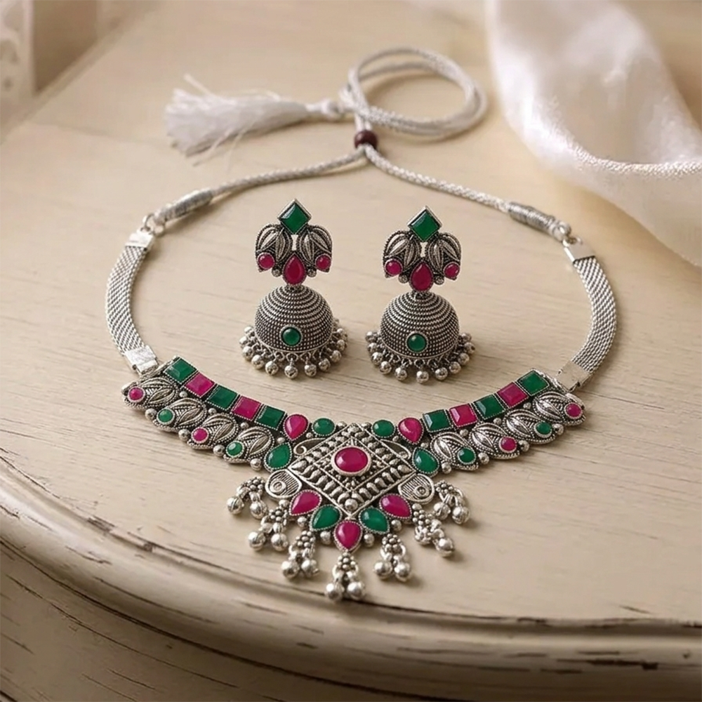 The99Jewel Oxidised Silver Choker Necklace Set with Pink & Green Beads & Jhumka Earrings